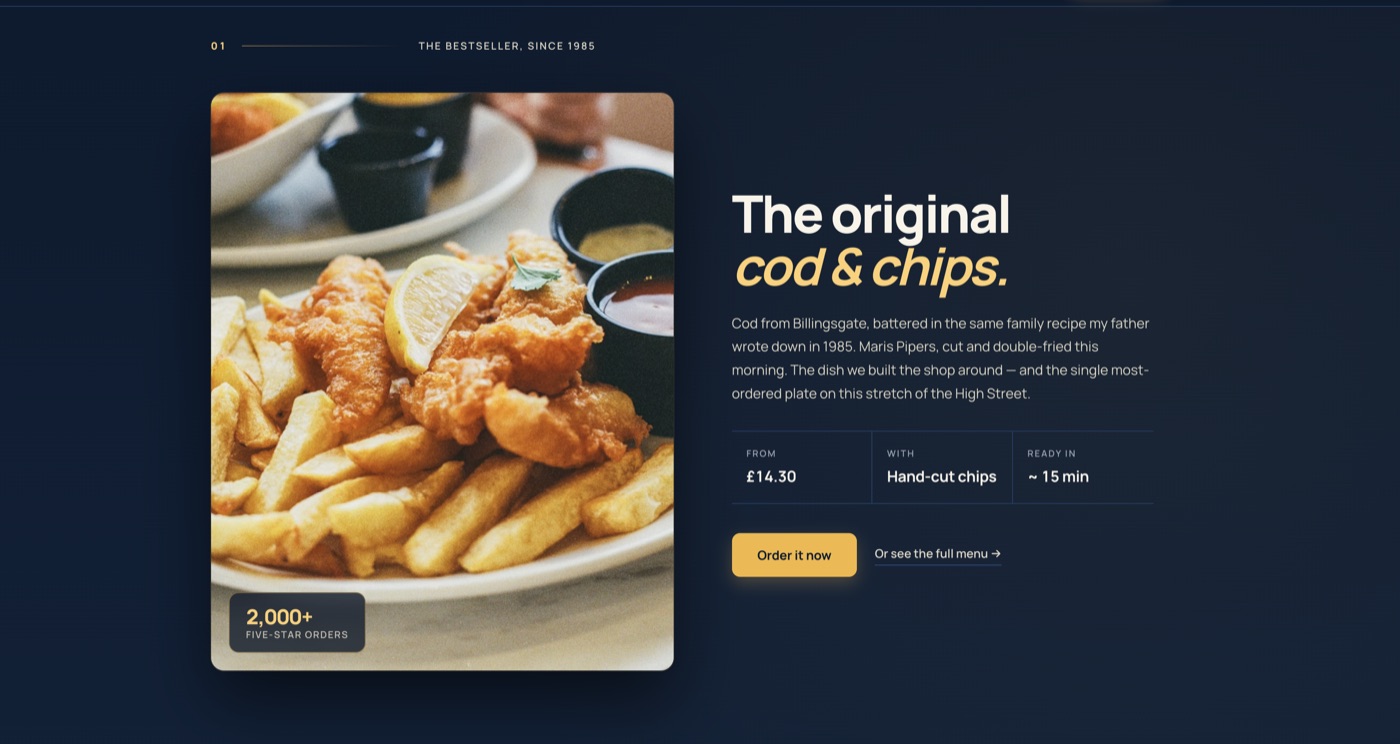 KingFish signaturrett — den originale cod and chips med pris og leveringstid
