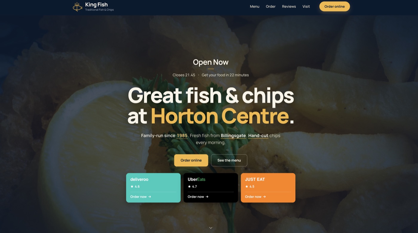 KingFish Epsom nettside — forside med online bestilling og leverings-integrasjon