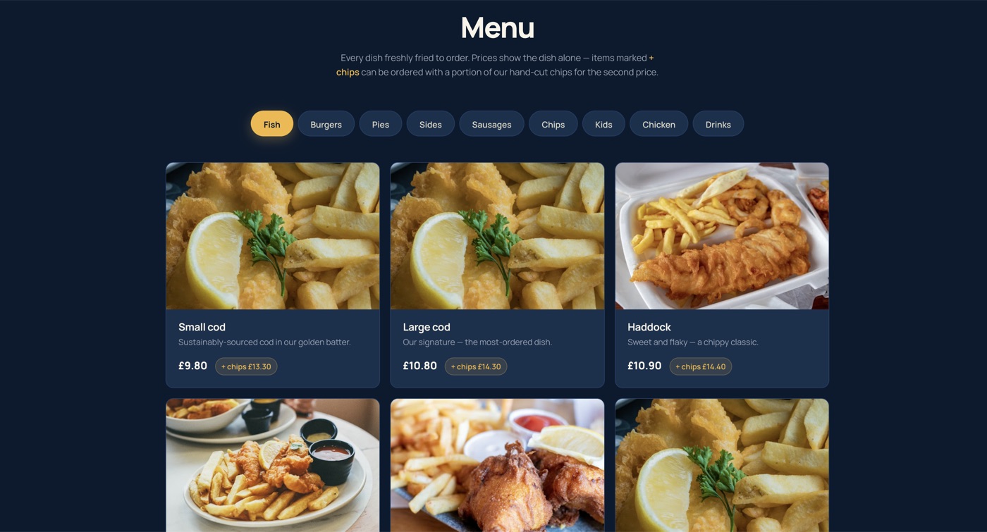 KingFish meny på nett — kategorier for fisk, burgere, paier, sider og priser med valg for ekstra pommes frites