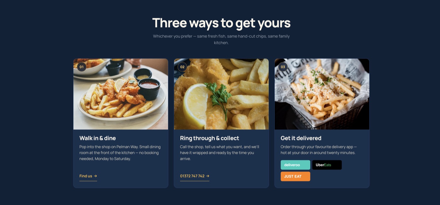 KingFish — tre måter å bestille: spis i lokalet, ring og hent, eller få levert via Deliveroo, Uber Eats og Just Eat