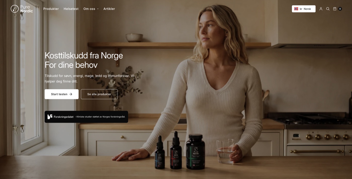 PureNordic nettbutikk — forside med kosttilskudd, helsetest og forskningsbasert avsender