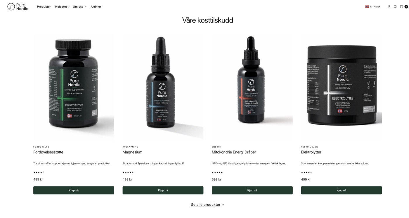 PureNordic produktside — kosttilskudd med kategori, virkningsforklaring, pris og kjøpsknapp